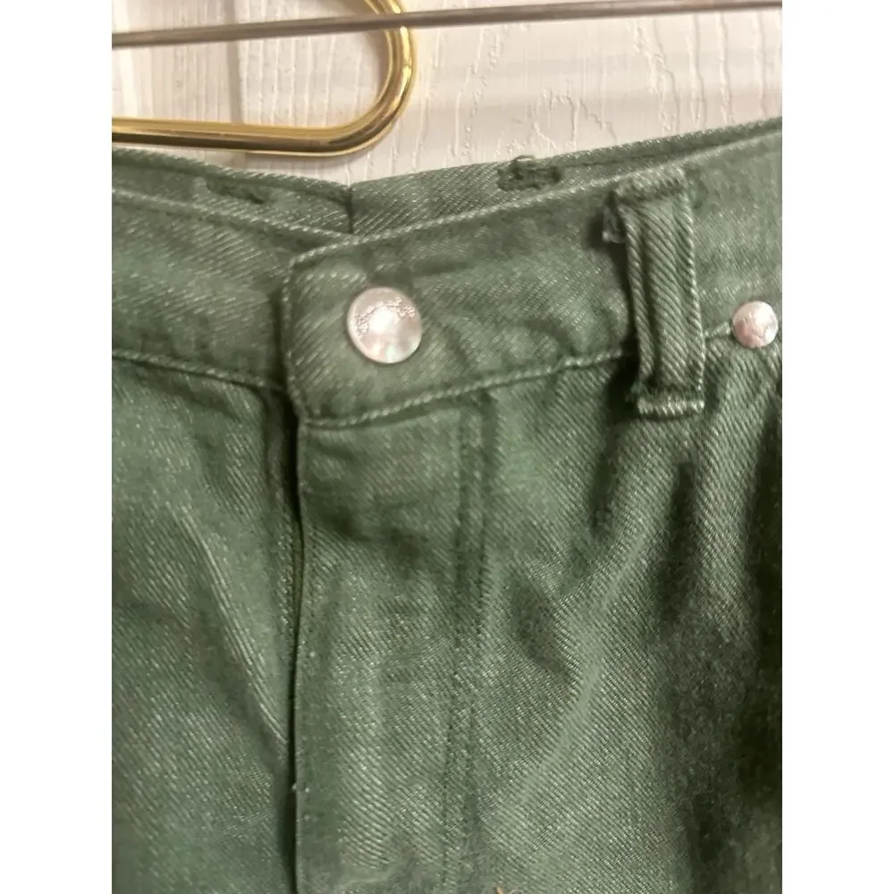 70s Wrangler Misses Jeans Green Denim Snap Button Wide Leg Flare Slim Sz 18 30w - Picture 4 of 9